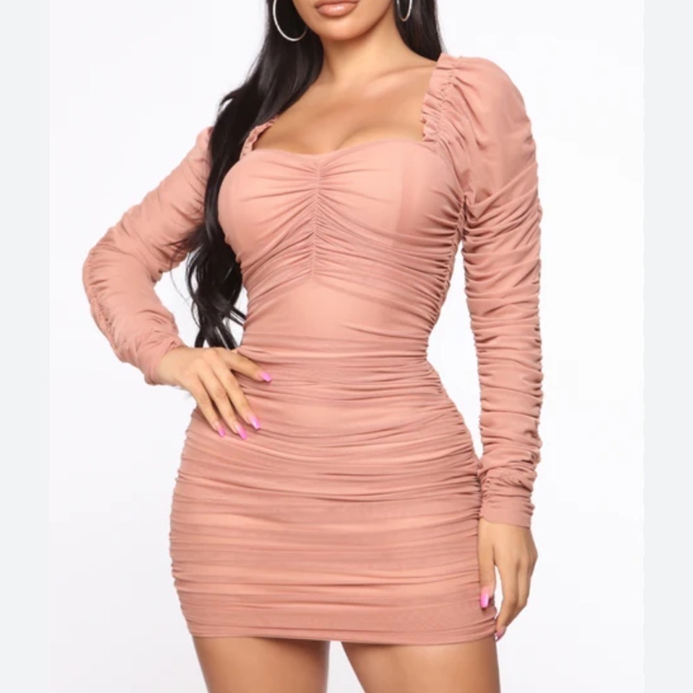 Fashion Nova Ruched Sheer Sleeve Mini Dress | SIZE S
